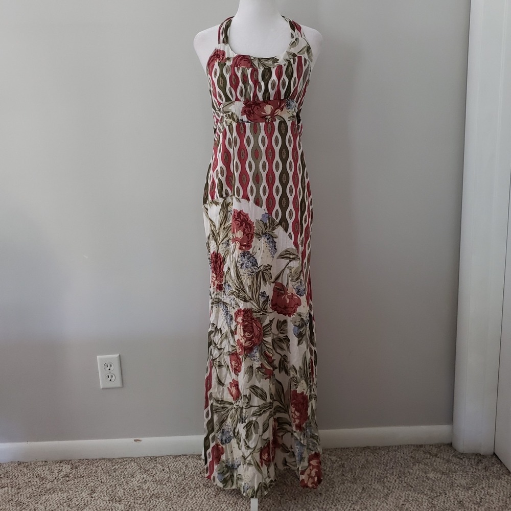 Sacred Threads Boho Hippie Maxi Dress MED Patchwork Artsy Empire Halter Vacation